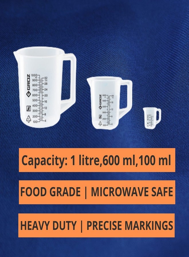 GROZ Heavy Duty Measuring Jug Set of 3 (1L, 600ml, 100ml) Food Grade/Microwave Safe| Ideal for Home, Industrial & Automotive Use| Millilitre & Ounces Marking | JUG/1-600-100 - Image 4